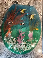 Vintage Acrylic Lucite Fish Shells Ocean Sealife Marine Aqua Toilet Seat