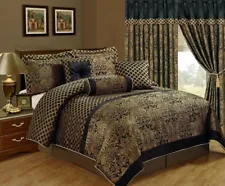 Chezmoi Collection Lisbon 7-Piece Black/Gold Jacquard Floral Comforter Set