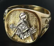 Heavy Vintage 14k Gold Diamond Masonic Freemason Ring New Old Stock Sz 8.75 10g