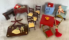 Lot of Vintage, Renwal Plastic Doll House Furniture card table, chairs, clocks