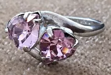 Fabulous Sparkling 2 Pink Tourmaline Gem Hearts Sterling Silver Size 5 Ring