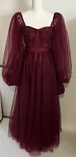 Women's RED Embroidery Beaded Off Shoulder Long Sleeve Back Laced Tulle Gown 1/2