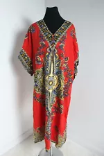 African Tribal Boho Maxi Kaftan with Zip Front - Red - Free Size (E61)