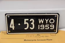 1959 Wyoming Motorcycle License Plate plate4-53 WYO unissued with original env