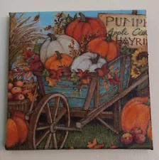 Fall Pumpkins For Sale Scene Decoupage On Canvas 6 Inches