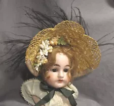 Vintage Doll Hat - Bonnet - Natural Straw w/Feathers & Flowers