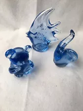 *SALE* Art Glass Trio Light Blue Animals Figurines: Elephant Fish and Teddy Bear