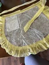 Vintage Plastic Yellow Ruffled Apron with Pocket, Tie Sash, & Delicate Pho Lace