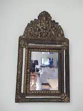 ✨Circa 1890 Baroque Style Embossed Dutch Brass Mirror Clothing Cabinet Beveled