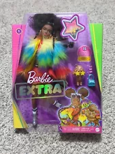 Barbie Extra Doll #1 Furry Rainbow Coat Pet Poodle Brunette Afro Puffs T3