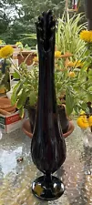 Vintage Fenton Black Amethyst Glass Swung Vase Thumbprint 16”