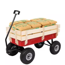 Ironmax Outdoor Wagon Pulling Children Kid Garden Cart w Wood Railing Red 330lbs