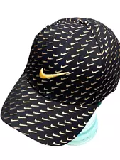 Nike Black Baseball Concept Cap w/ Mini Gold Swooshs All Over. Strap Buckle.