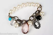 New Avon Vintage Look Mixed Charms Stretch Charm Bracelet Gold Pink Pearl Cameo