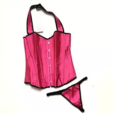 NWT Daisy Corsets Sz Medium Hot Pink Satin Lace Up Boned Halter Corset & Thong