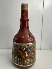 Vintage Leather Trimmed Hand Painted Red Glass Wine Bottle Made In Italy Horse