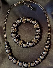 BIJOUX GIVENCHY Vtg Necklace & Earrings Set, Crystals & Faux Pearls, Circa 1990s