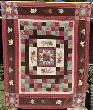 Handmade Stitched Quilt Patch Lap Blanket Red Fall Holiday Squares 50 X 58”