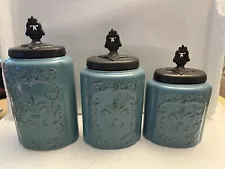 Blue Antique Set of 3 Canisters Sugar Flour Chocolaty Brand New American Atelier