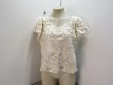 Anthropologie Womens The Lainie V-neck Lace Cutwork Blouse Size M Ivory Motif