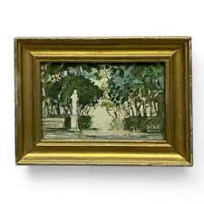 Vintage Original Signed Watercolor Garden Statue Impressionist Mini Painting