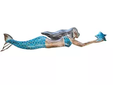 39” MERMAID WALL HANGING HAND CARVED WOOD TROPICAL SCULPTURE DECOR