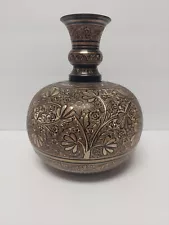 Vintage India Black & Gold Heavy Hookah Base Style Brass Vase Hand Etched 9"