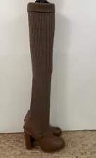 Thigh High Platform Heeled Boots With Knit Shaft & Leather Base In Brown Sz 9