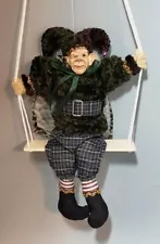 Rare Scary weird creepy Circus Clown winking Jester Figurine on a Wooden Swing