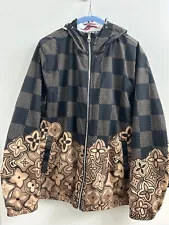 Black and Beige Louis Vuitton Jacket with Checkered Pattern Leading to Emblem