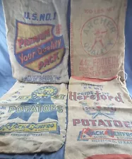 Lot of 4 Burlap Cloth Potatoe & Feed Sacks ~ Hereford, Texas