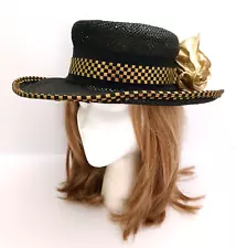 VTG 90s Michelle McGann by Sonni Blk Straw Golf Hat w Gold Lame Wired Bow O/S