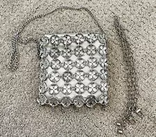 Vintage Silver Tone Chain Mail Bag Handbag Shoulder Crossbody Coins Floral Leaf