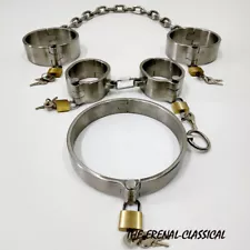 Match 3Pcs 304Stainless Steel Handcuffs Collar Shackle Ankle Cuffs Lock New