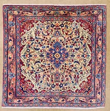 Hand Knotted Saroukk Ivory Red Blue Wool Oriental Area Rug 3'4" x 3'4"