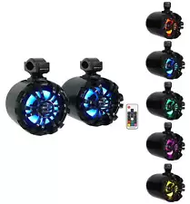 2) Rockville WB65KLED 6.5" 600w Black Marine Wakeboard LED Tower Speakers+Remote