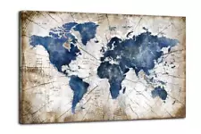 Large World Map Canvas Wall Art Abstract Navy Watercolor World Map With Vinta...