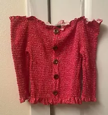 Red Off Shoulder 3/4 Sleeve Stretch Too Blouse Button Accents Sz M New!