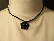 12 inch Black Seed Bead Choker Necklace ~ 3/4 inch Rose Flower w/ Gemstones