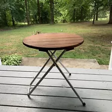 Vintage Mid Century Round Folding Camp Patio Wood Slat Table Aluminum Frame