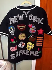 Supreme Patches Denim Baseball Jersey Black Size Medium