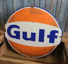 Large Vintage GULF Service Station Oil Gas Pump Plate Porcelain Metal Domed Sign