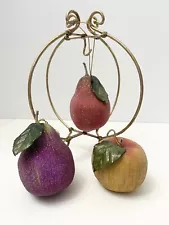 3 Sugared Fruits Red and Purple Pears Gold Apple Hanging Christmas Ornaments