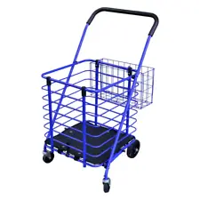 steel shopping cart in blue with accessory basket