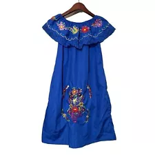 Mexican Dress Off The Shoulder Floral Embroidery Cobalt Blue Fiesta Medium