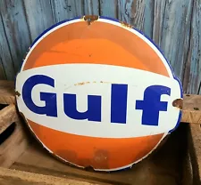 Large Vintage GULF Service Station Oil Gas Pump Plate Porcelain Metal Domed Sign