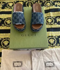 New Auth GUCCI New Denim GG Monogram Angelina Platform 55mm Slide Sandals G 34