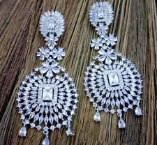 Beautiful Bollywood Style Silver High Quality AD and CZ long earrings For Sale