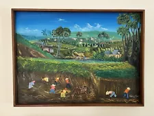 Vintage Original Haitian Folk Art Painting Signed Village Landscape