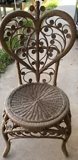 Antique Rare Brown Heart Wicker Chair Rattan Scroll Peacock Seat Valentine